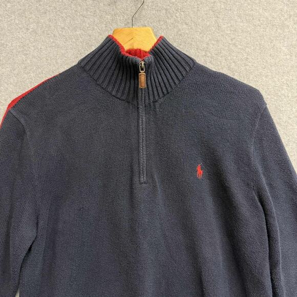 Polo Ralph Lauren Vintage Sweater Men’s Large Blue Striped Sleeve Knit 1/4 Zip - Picture 3 of 11